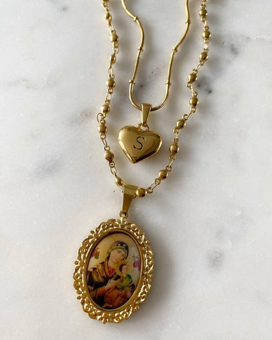 Alphabet Heart + Our Lady of Perpetual Help Set Necklace