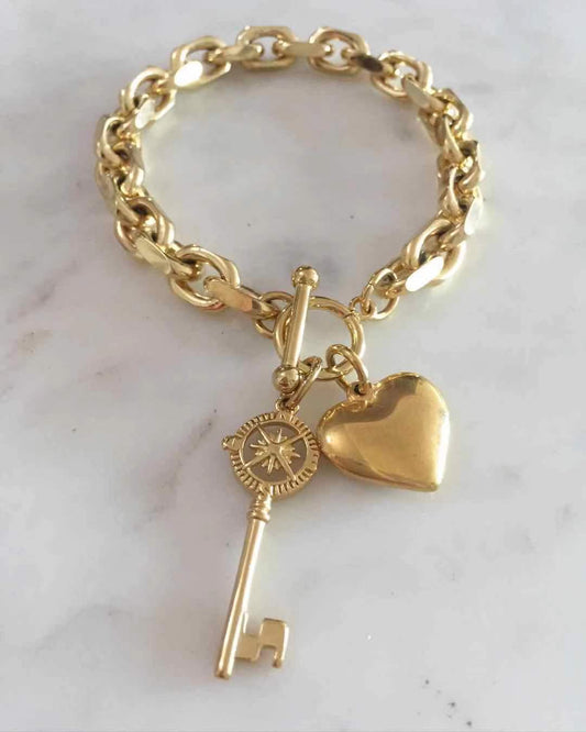Puffy Heart & Nautical Key Toggle Lock Bracelet