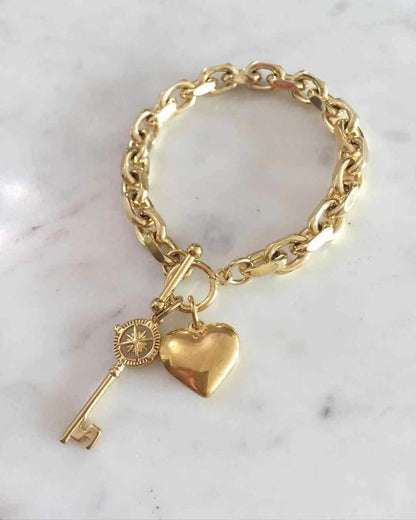 Puffy Heart & Nautical Key Toggle Lock Bracelet