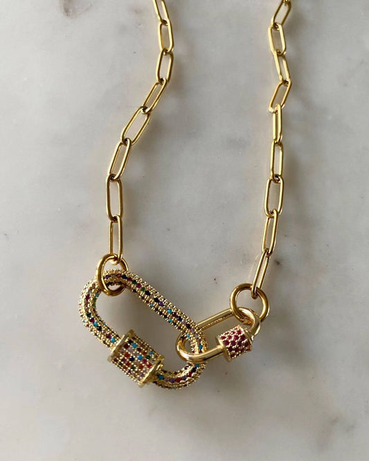 Double Oval Lock Ruby Large Multicolored Studded Necklace