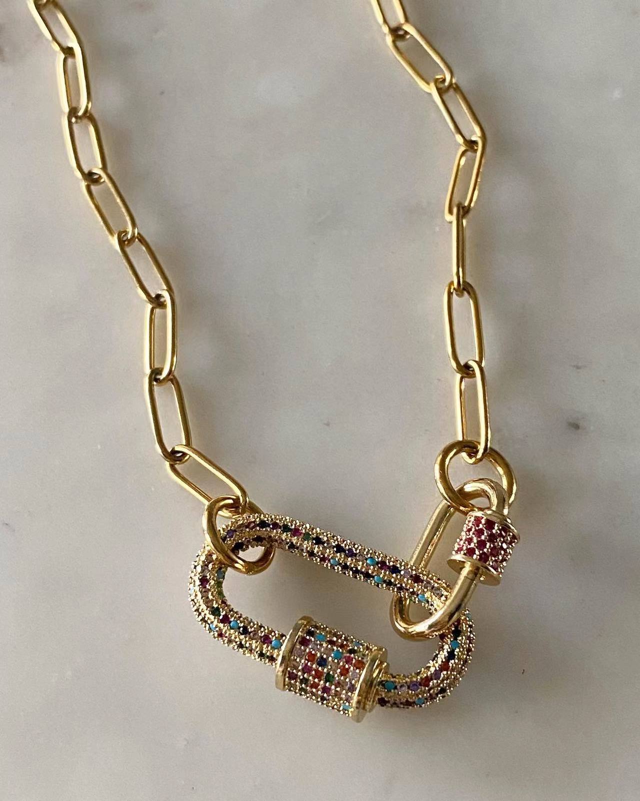 Double Oval Lock Ruby Large Multicolored Studded Necklace