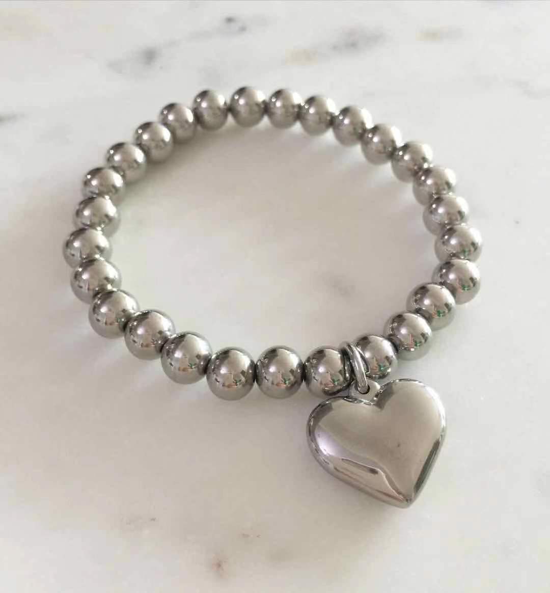 Silver Puff Heart Beaded Bracelet