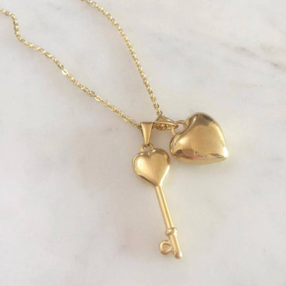 Puff Heart and Key Necklace