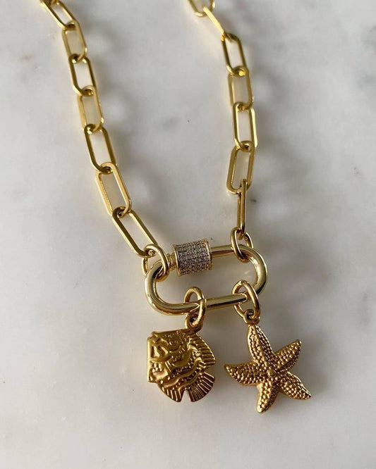 Gold Carabiner Necklace with Charms - Fish and Starfish