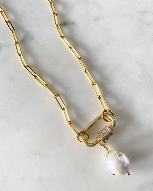 Gold Oval Carabiner With Special Pearl Charm Necklace