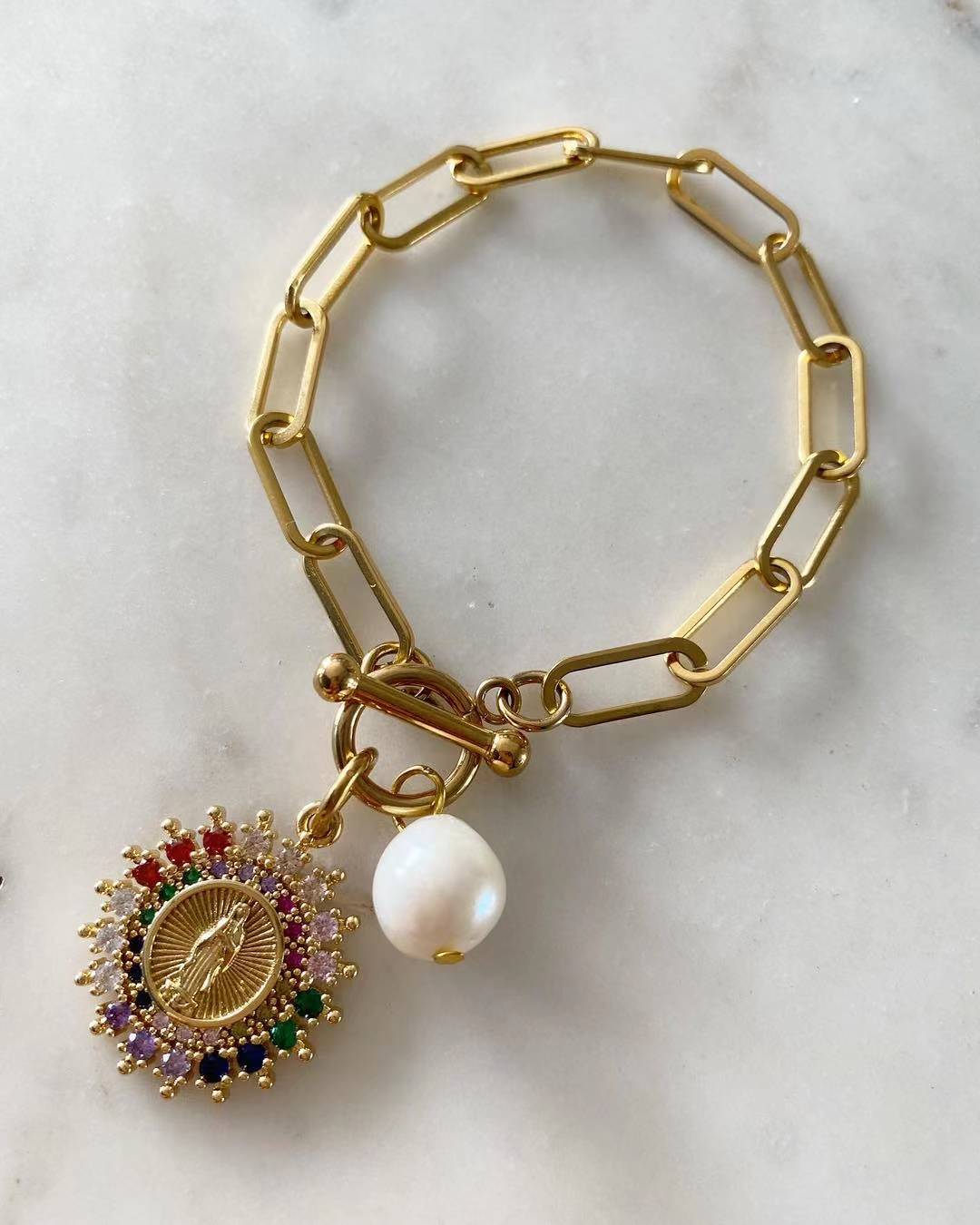 Multicolored Our Lady of Guadalupe with Pearl Toggle Lock Bracelet