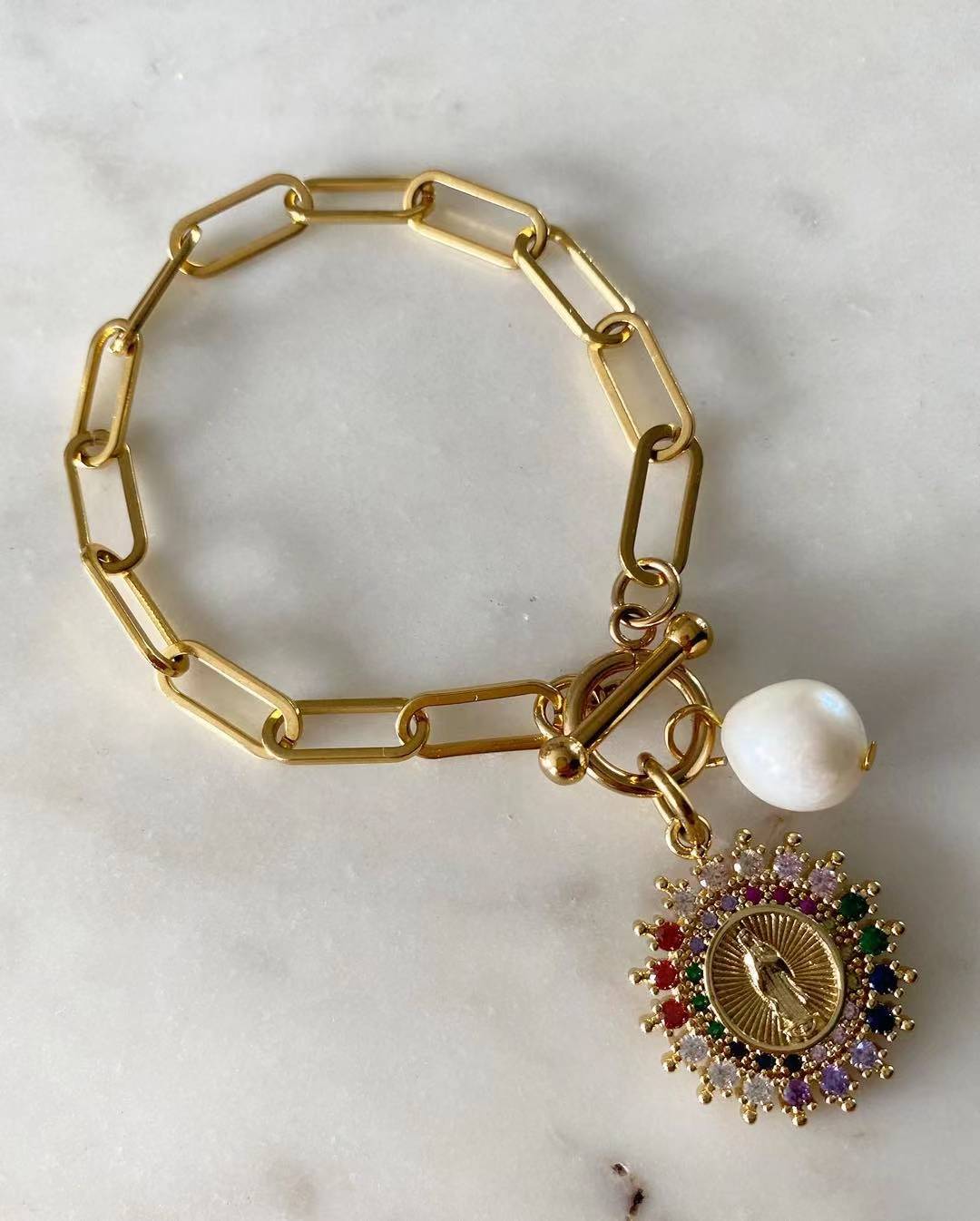 Multicolored Our Lady of Guadalupe with Pearl Toggle Lock Bracelet