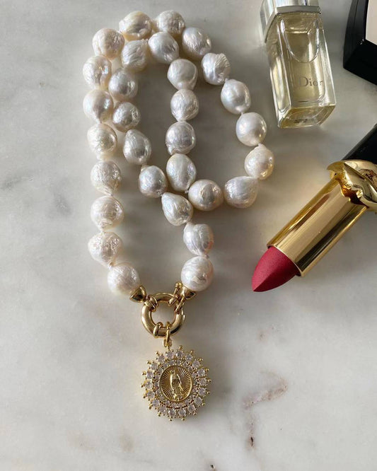 Our Lady of Guadalupe with Diamonds Baroque Pearl Necklace