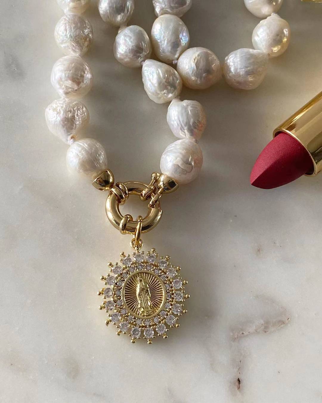 Our Lady of Guadalupe with Diamonds Baroque Pearl Necklace