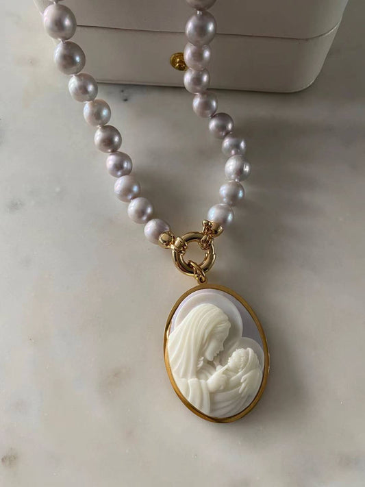 Grey Pearl Necklace with Cameo Pendant