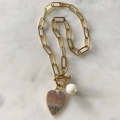 Amore Multicolored Toggle Lock Chain Necklace with Pearl