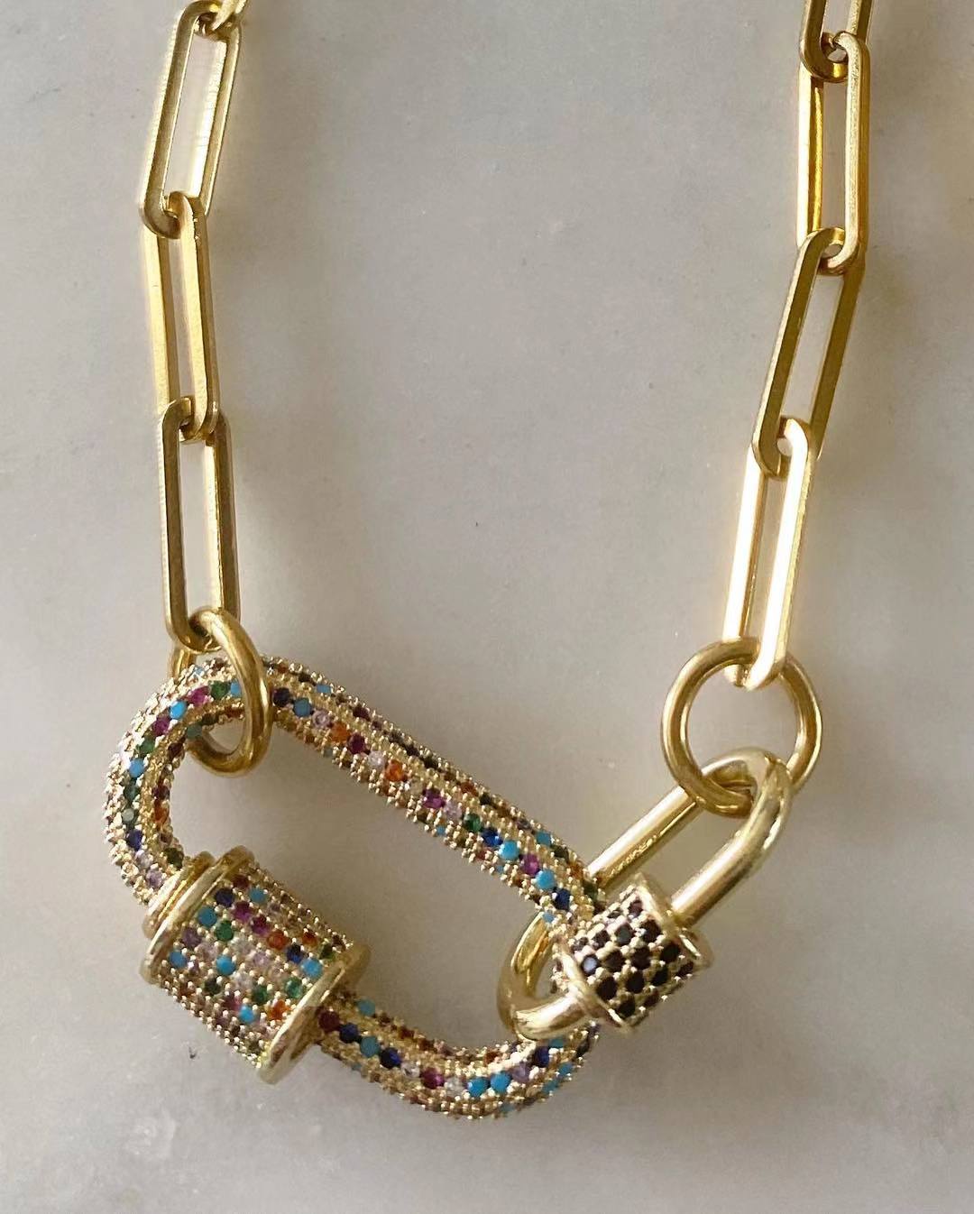 Double Oval Lock Sapphire Large Multicolored Studded Necklace