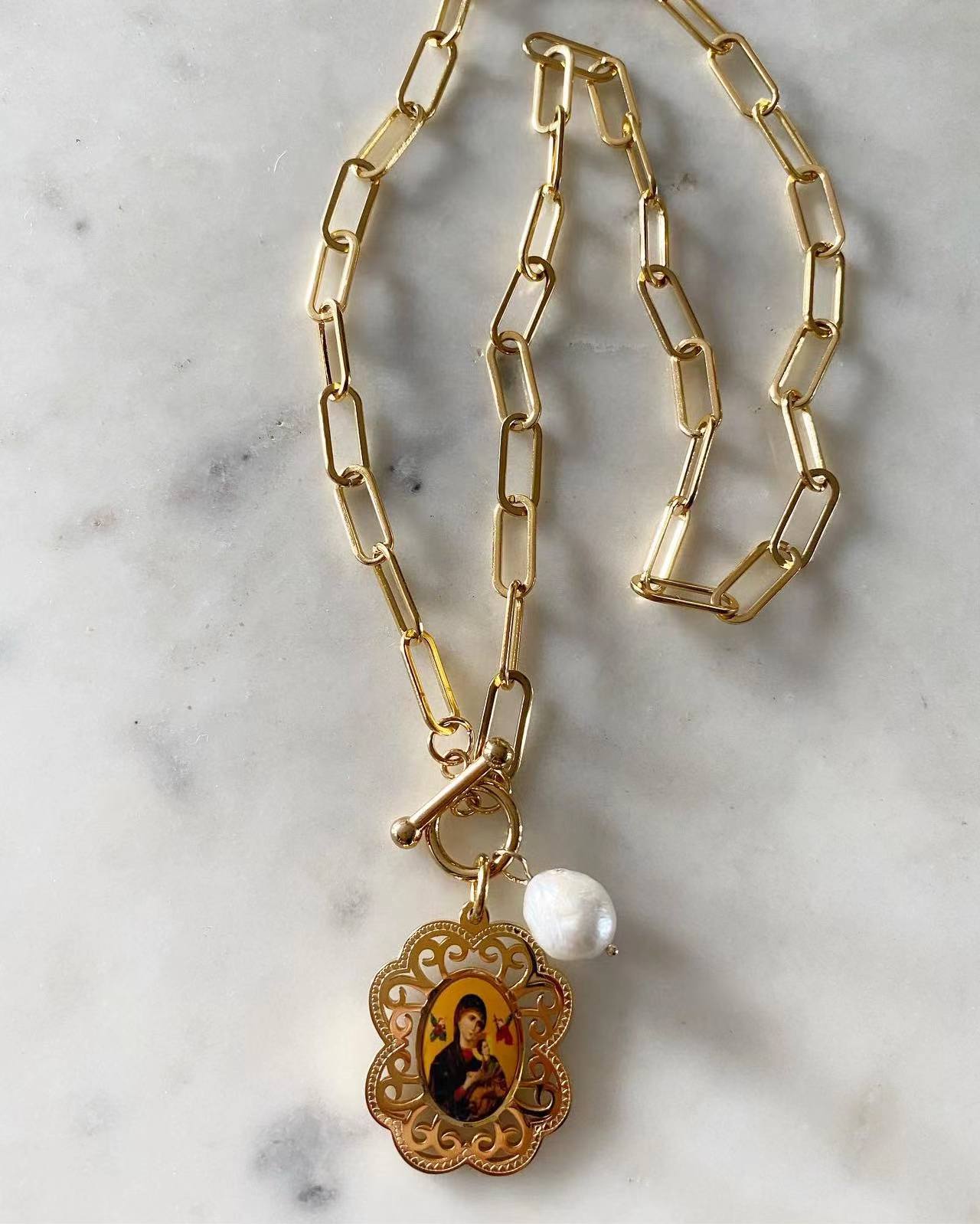 Our Mother of Perpetual Help Toggle Lock Necklace with Pearl