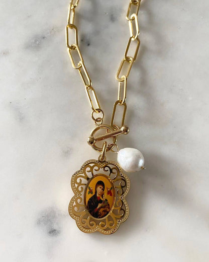 Our Mother of Perpetual Help Toggle Lock Necklace with Pearl
