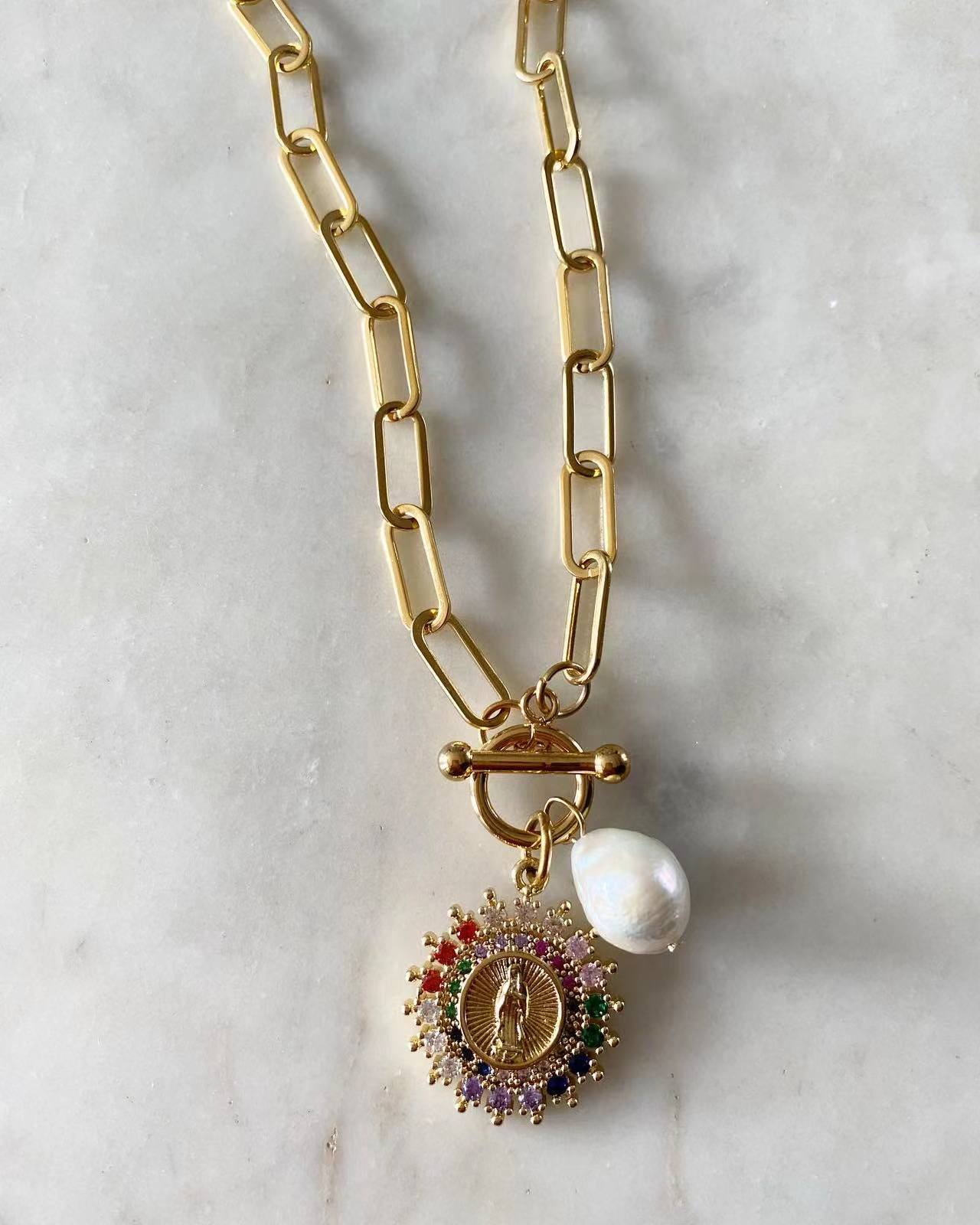 Multicolored Our Lady of Guadalupe Toggle Lock Necklace with Pearl