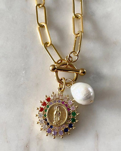 Multicolored Our Lady of Guadalupe Toggle Lock Necklace with Pearl