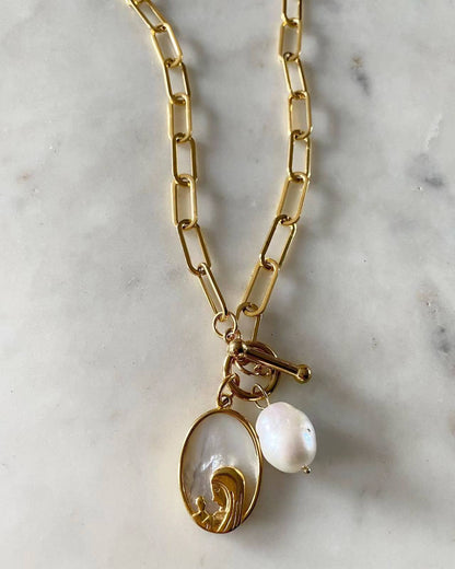 Our Lady of Lourdes Toggle Lock Necklace with Pearl